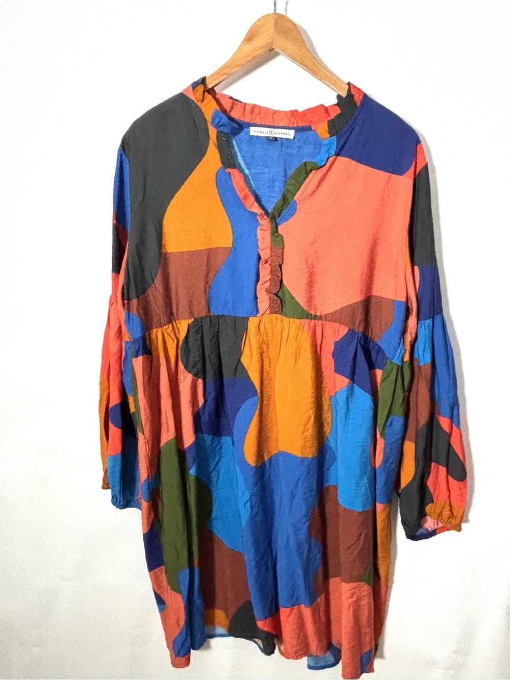 Michelle McDowell Babydoll Abstract Long Sleeve V-Neck Fall Dress Women’s Large